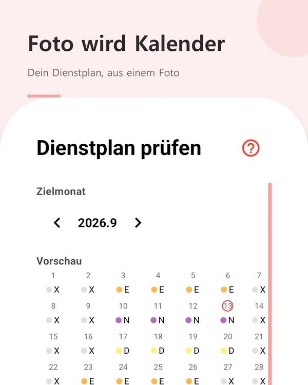 Foto wird Kalender — dein Dienstplan, aus einem Foto in den GyoDal-Kalender gelesen
