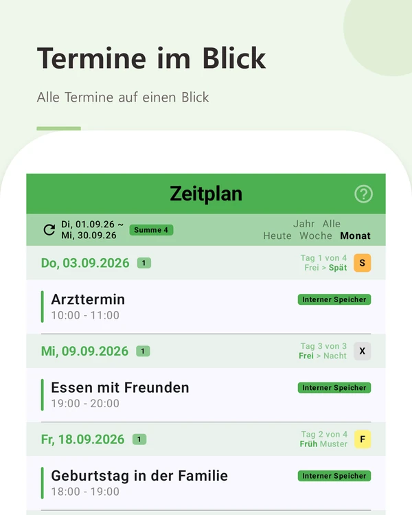 Termine im Blick — alle Termine und Schichten in Datumsfolge