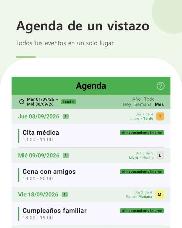 Agenda de un vistazo — todos tus eventos y turnos por fecha