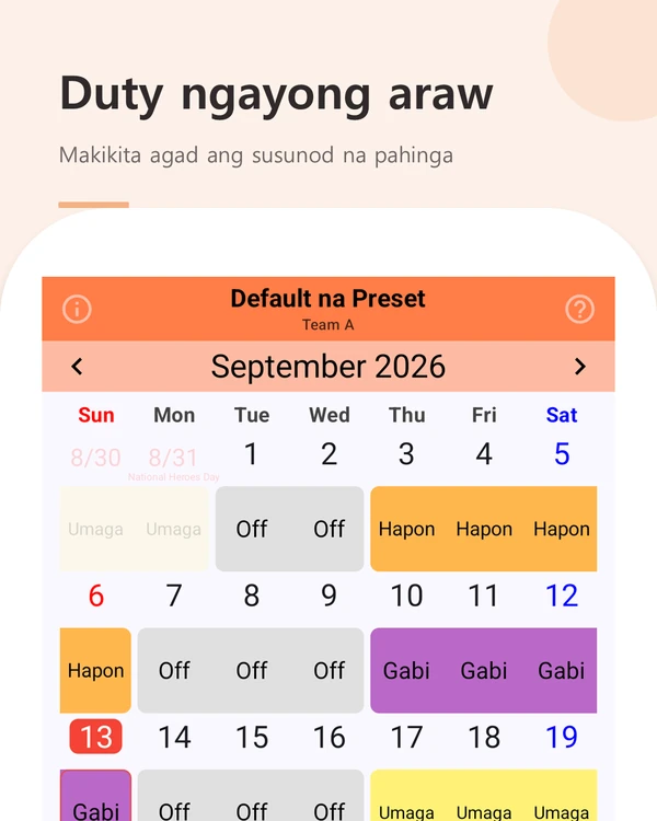 Duty ngayong araw — buwanang tanaw na may duty ngayon at susunod na pahinga
