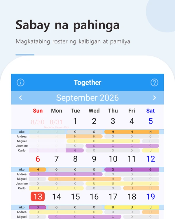 Sabay na pahinga — roster ng kaibigan at pamilya sa iisang kalendaryo