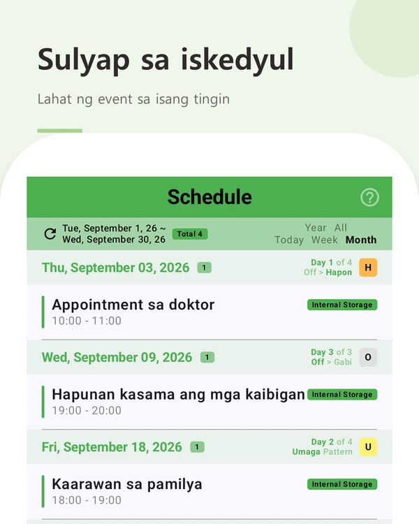 Sulyap sa iskedyul — lahat ng event at shift ayon sa petsa