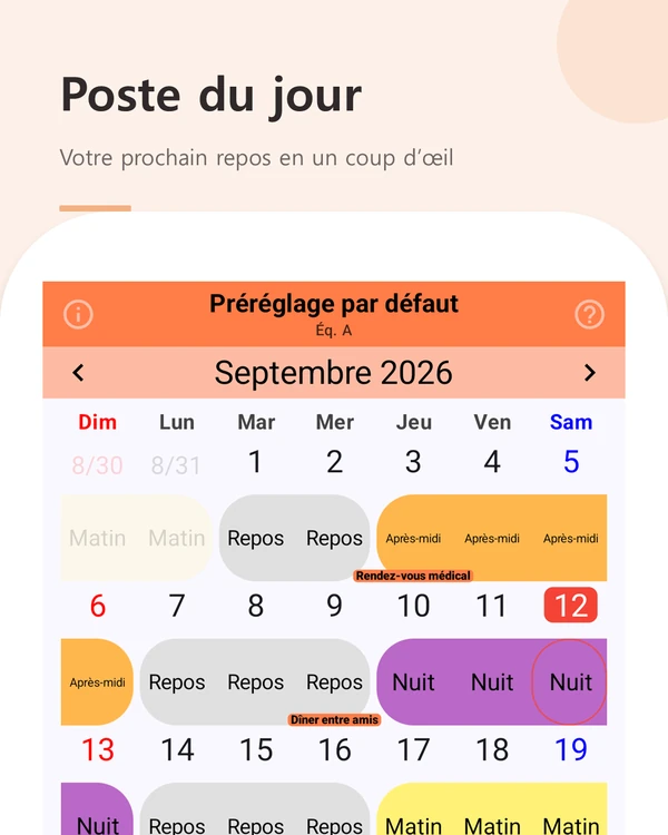 Poste du jour — vue mensuelle avec le poste du jour et le prochain repos