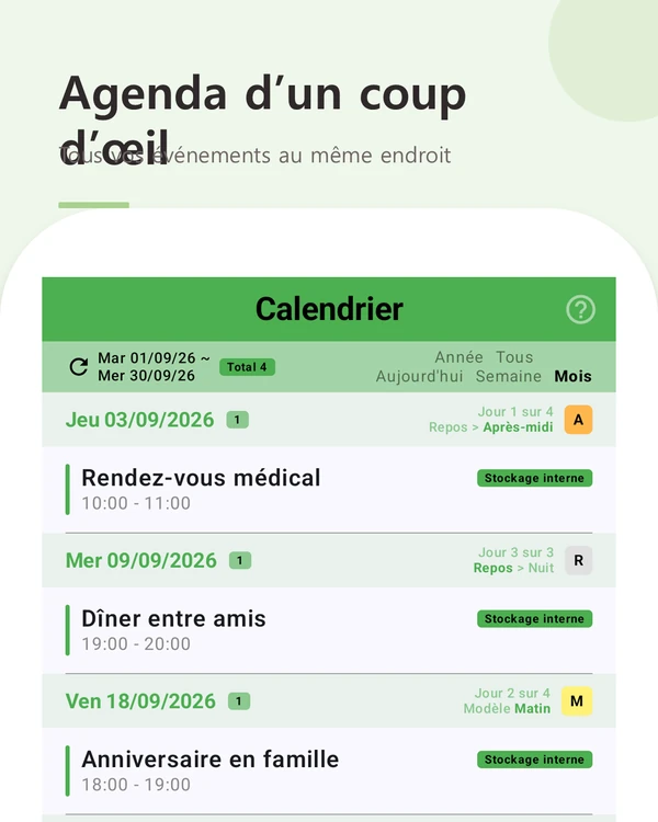 Agenda d’un coup d’œil — tous vos événements et postes par date