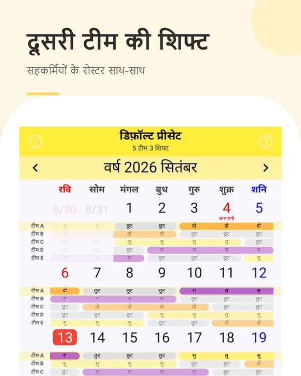 दूसरी टीम की शिफ्ट — सभी टीमों के रोस्टर साथ-साथ तुलना