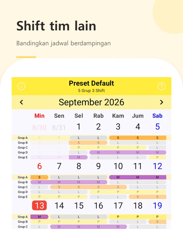 Shift tim lain — bandingkan jadwal semua tim berdampingan