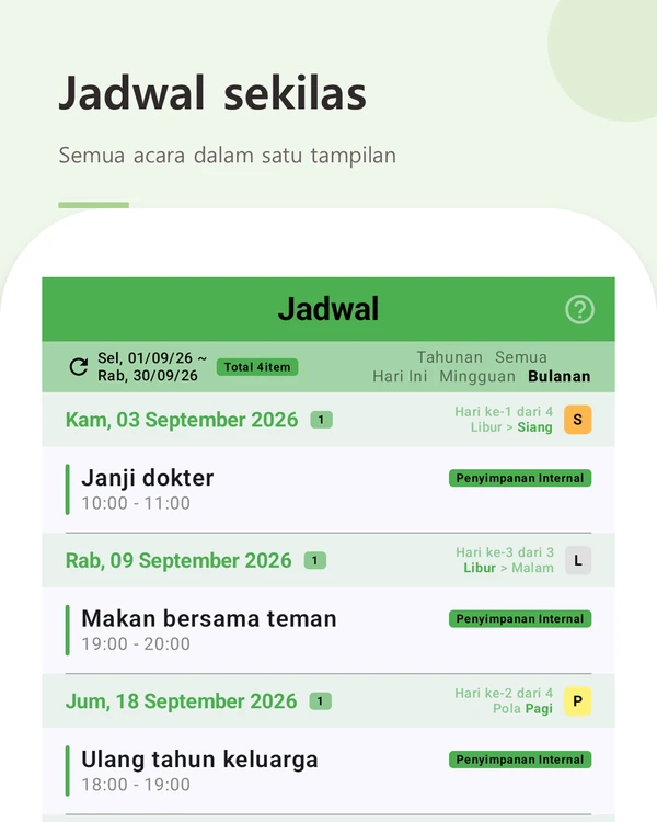 Jadwal sekilas — semua acara dan shift dalam urutan tanggal