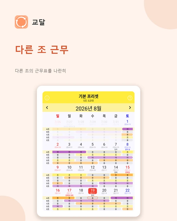전체교대 화면 — 5조 3교대의 A~E조 근무를 날짜별로 나란히 비교