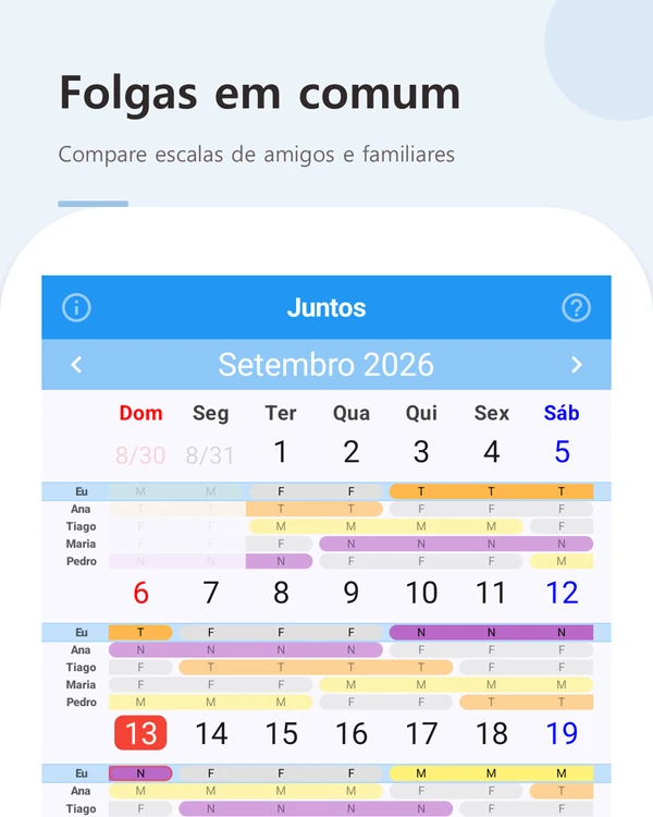 Folgas em comum — escalas de amigos e familiares em um só calendário