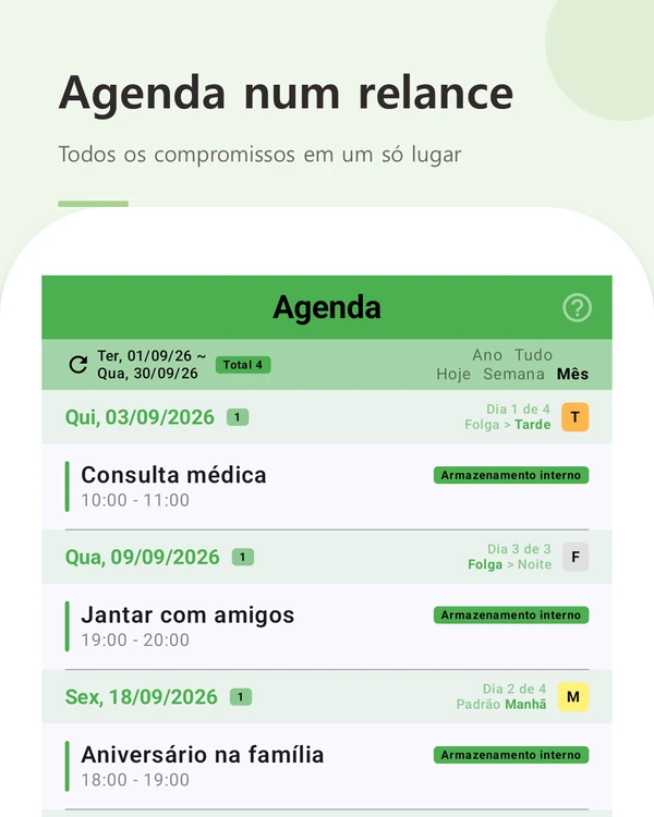 Agenda num relance — todos os compromissos e turnos por data