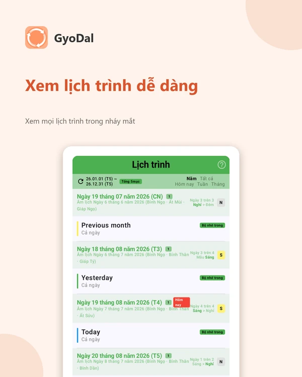 Màn hình lịch trình — ca làm và lịch cá nhân theo thứ tự ngày, kèm ngày âm lịch